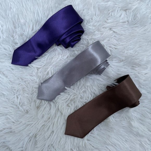 3 Ties Men Tie Slim Fit Fashion Neck Tie Brown Blue Gray Lot of 3 Ties - Picture 2 of 10